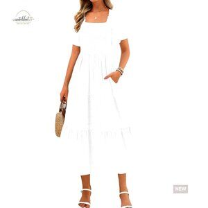 Summer Midi Dress with Pockets, Smocked Bodice, Tiered Ruffle Hem